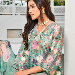 Women Tissue gota Embroidered Suit Set with Solid Pant and Embroidered Dupatta