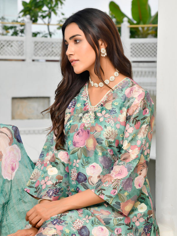 Women Tissue gota Embroidered Suit Set with Solid Pant and Embroidered Dupatta