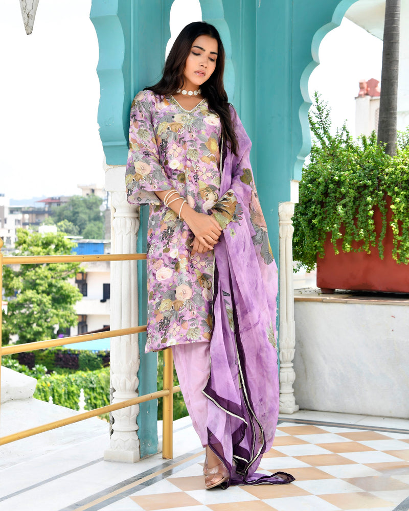 Women Tissue gota Embroidered Suit Set with Solid Pant and Embroidered Dupatta