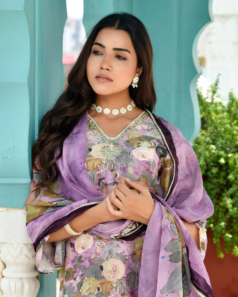 Women Tissue gota Embroidered Suit Set with Solid Pant and Embroidered Dupatta