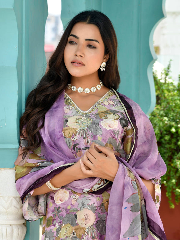 Women Tissue gota Embroidered Suit Set with Solid Pant and Embroidered Dupatta