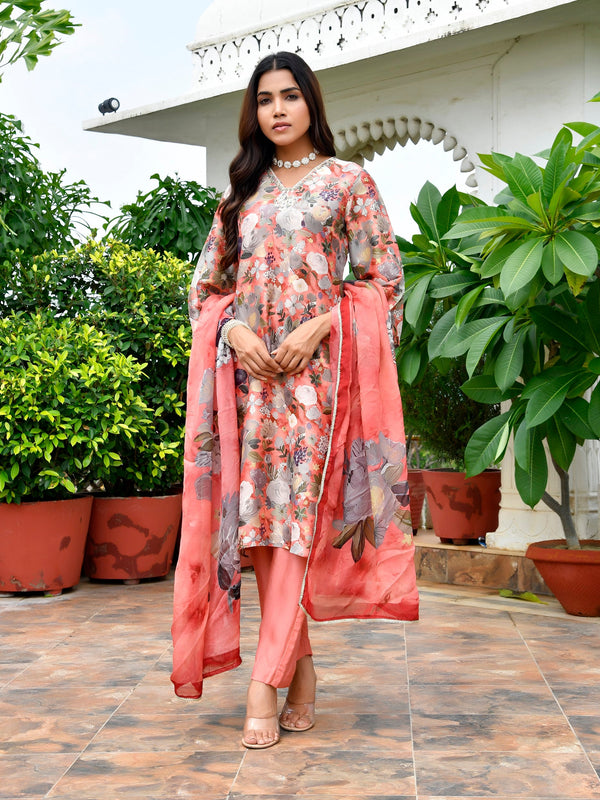 Women Tissue gota Embroidered Suit Set with Solid Pant and Embroidered Dupatta