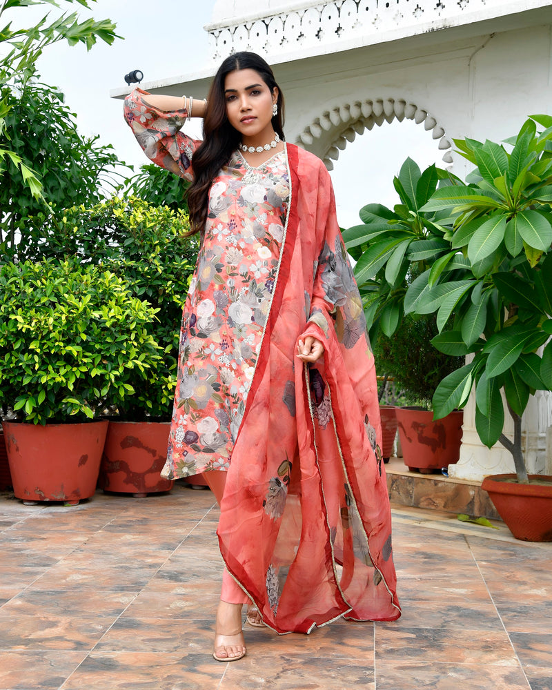 Women Tissue gota Embroidered Suit Set with Solid Pant and Embroidered Dupatta