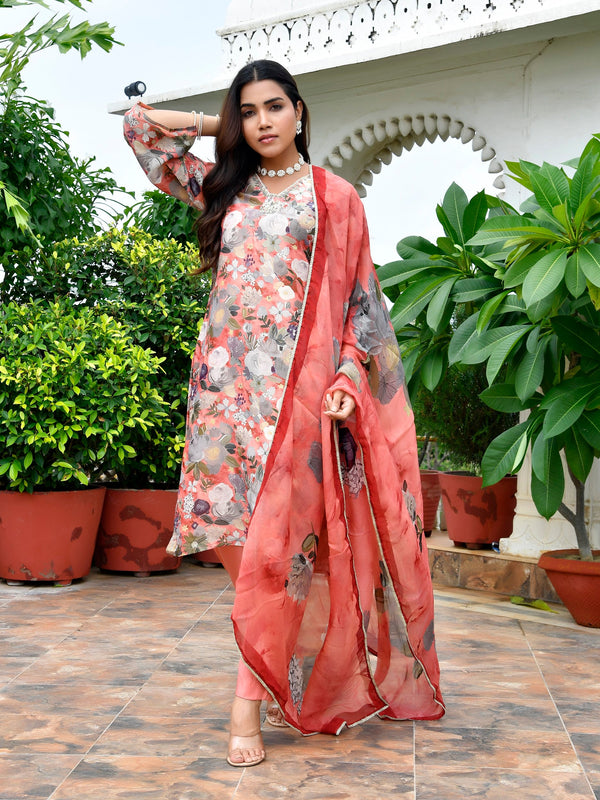 Women Tissue gota Embroidered Suit Set with Solid Pant and Embroidered Dupatta