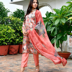 Women Tissue gota Embroidered Suit Set with Solid Pant and Embroidered Dupatta