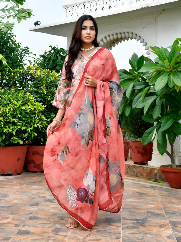 Women Tissue gota Embroidered Suit Set with Solid Pant and Embroidered Dupatta