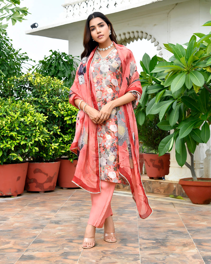Women Tissue gota Embroidered Suit Set with Solid Pant and Embroidered Dupatta