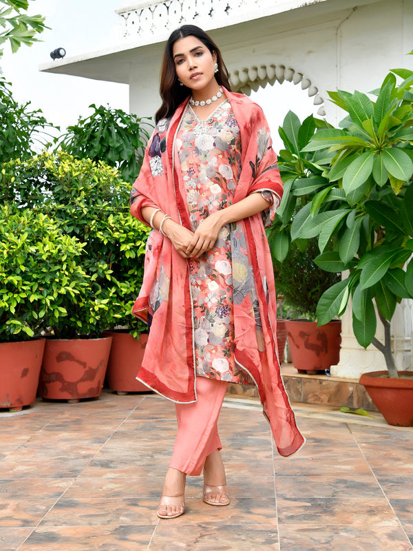 Women Tissue gota Embroidered Suit Set with Solid Pant and Embroidered Dupatta