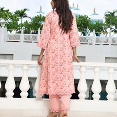 Women Cotton Kurta pant set with solid laced pant