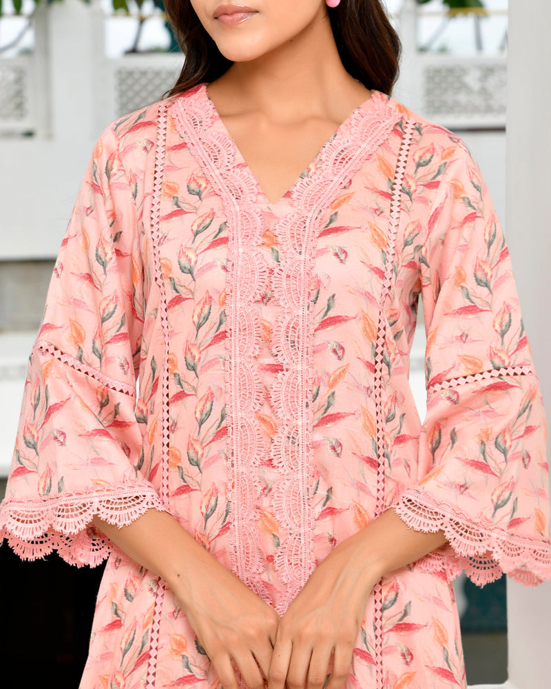 Women Cotton Kurta pant set with solid laced pant