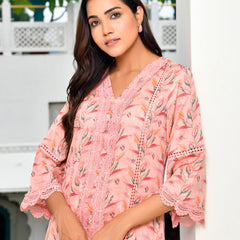 Women Cotton Kurta pant set with solid laced pant