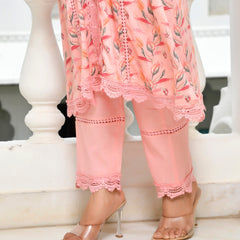 Women Cotton Kurta pant set with solid laced pant