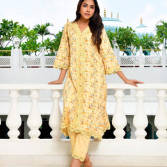 Women Cotton Kurta pant set with solid laced pant