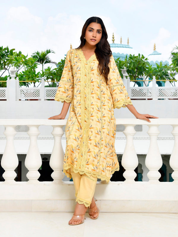 Women Cotton Kurta pant set with solid laced pant