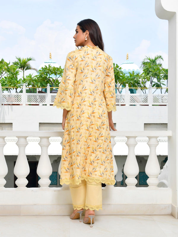 Women Cotton Kurta pant set with solid laced pant