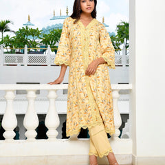Women Cotton Kurta pant set with solid laced pant