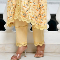 Women Cotton Kurta pant set with solid laced pant