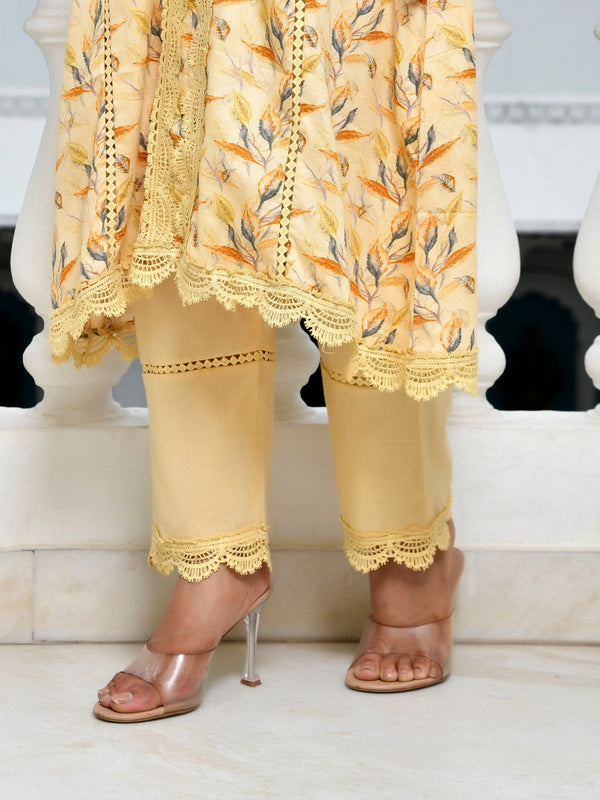 Women Cotton Kurta pant set with solid laced pant