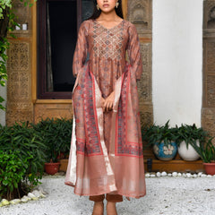 Women Chanderi Printed Suit Set with pant and printed dupatta