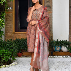 Women Chanderi Printed Suit Set with pant and printed dupatta