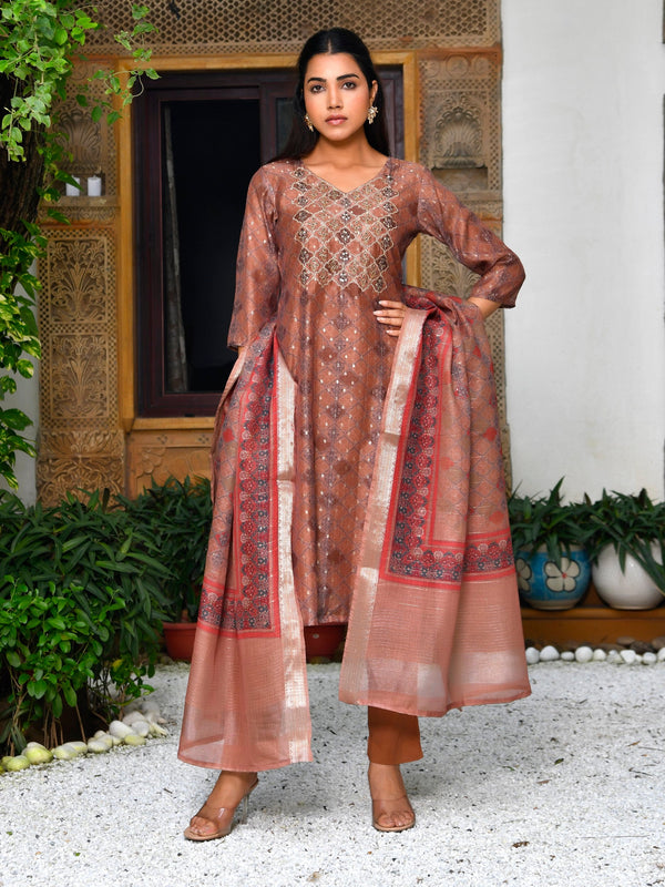 Women Chanderi Printed Suit Set with pant and printed dupatta