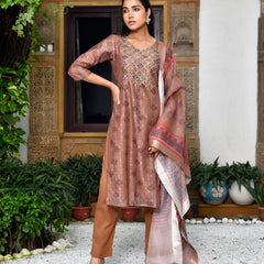 Women Chanderi Printed Suit Set with pant and printed dupatta