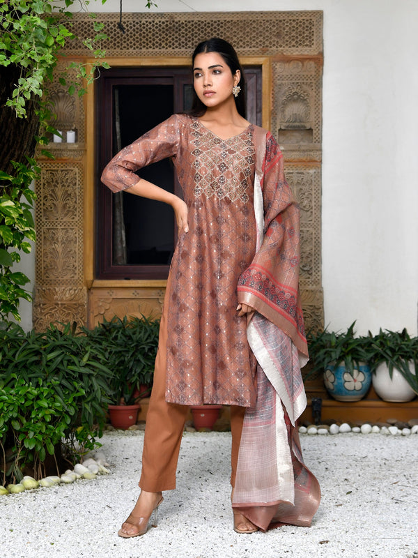 Women Chanderi Printed Suit Set with pant and printed dupatta