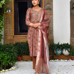Women Chanderi Printed Suit Set with pant and printed dupatta