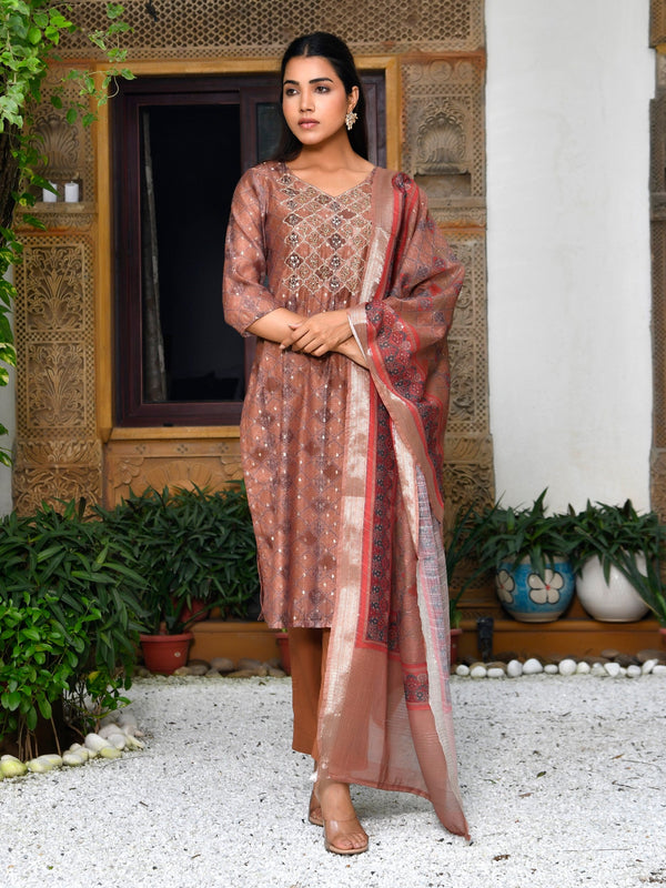 Women Chanderi Printed Suit Set with pant and printed dupatta