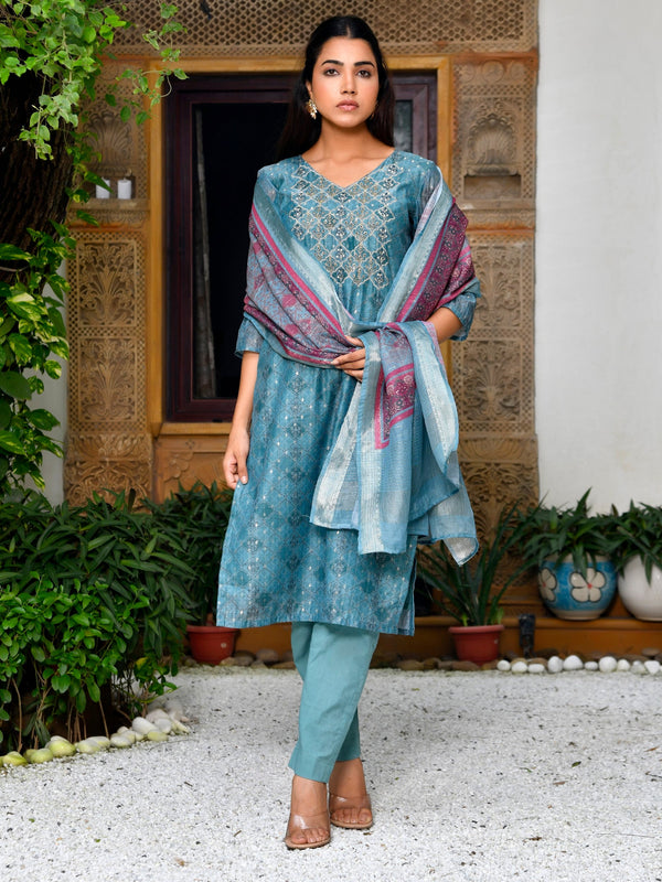 Women Chanderi Printed Suit Set with pant and printed dupatta