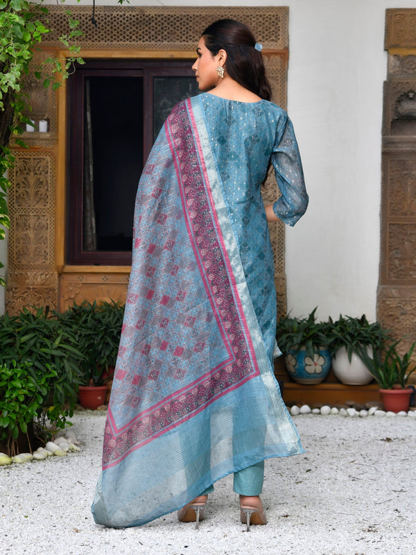 Women Chanderi Printed Suit Set with pant and printed dupatta