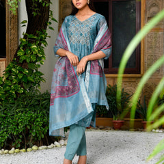 Women Chanderi Printed Suit Set with pant and printed dupatta