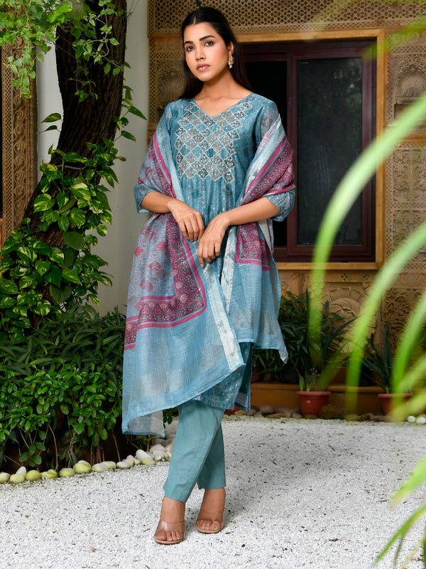 Women Chanderi Printed Suit Set with pant and printed dupatta