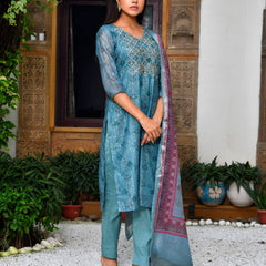 Women Chanderi Printed Suit Set with pant and printed dupatta