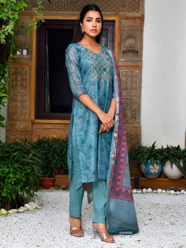 Women Chanderi Printed Suit Set with pant and printed dupatta