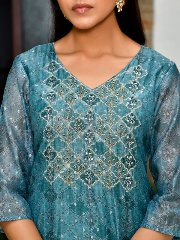 Women Chanderi Printed Suit Set with pant and printed dupatta