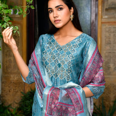 Women Chanderi Printed Suit Set with pant and printed dupatta