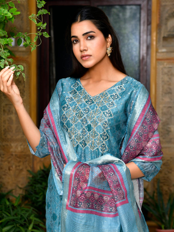 Women Chanderi Printed Suit Set with pant and printed dupatta