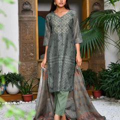 Women Chanderi Printed Suit Set with pant and printed dupatta