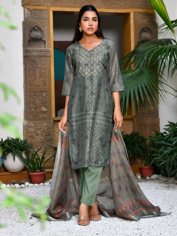 Women Chanderi Printed Suit Set with pant and printed dupatta