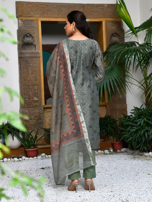 Women Chanderi Printed Suit Set with pant and printed dupatta