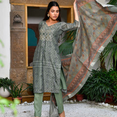 Women Chanderi Printed Suit Set with pant and printed dupatta