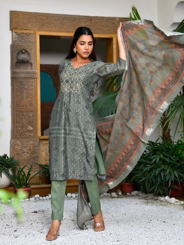 Women Chanderi Printed Suit Set with pant and printed dupatta