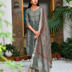 Women Chanderi Printed Suit Set with pant and printed dupatta