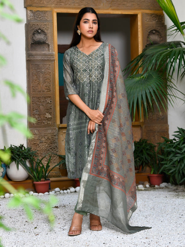 Women Chanderi Printed Suit Set with pant and printed dupatta