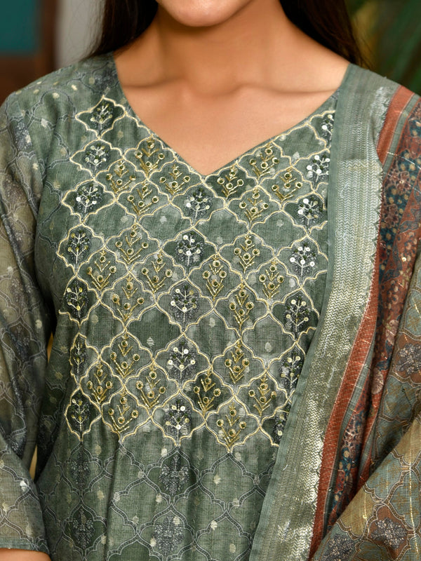 Women Chanderi Printed Suit Set with pant and printed dupatta