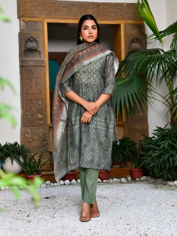 Women Chanderi Printed Suit Set with pant and printed dupatta