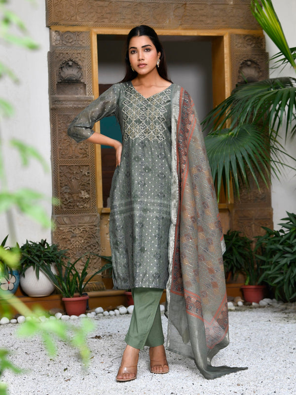 Women Chanderi Printed Suit Set with pant and printed dupatta