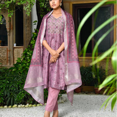 Women Chanderi Printed Suit Set with pant and printed dupatta