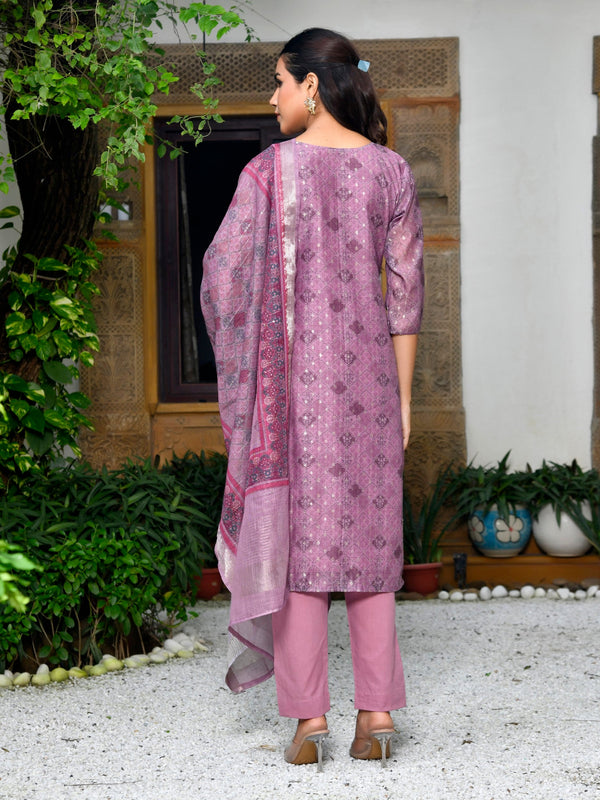 Women Chanderi Printed Suit Set with pant and printed dupatta